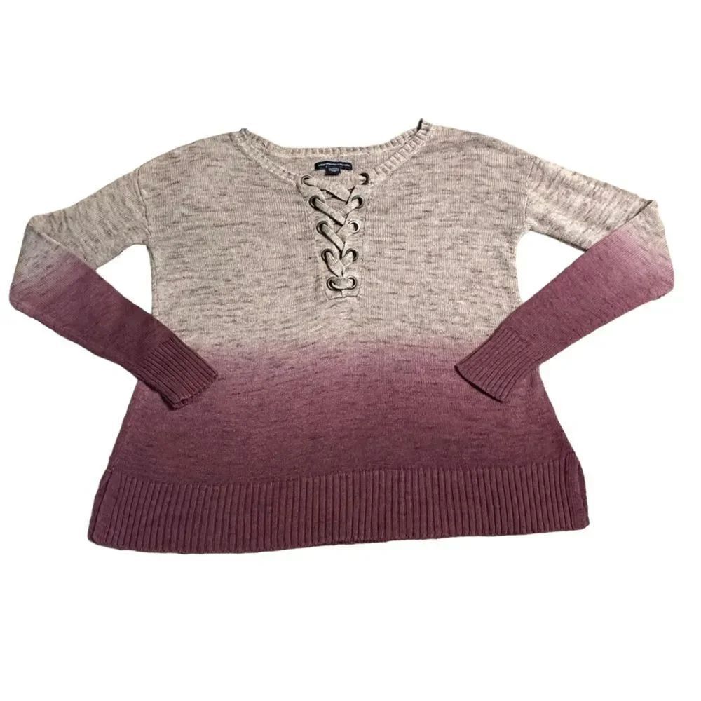 AEO Purple Ombré lace up neck cotton blend sweater
